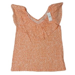 LOFT Orange Ditsy Floral-Print Ruffle V-Neck Sleeveless Shirt Top‎ S